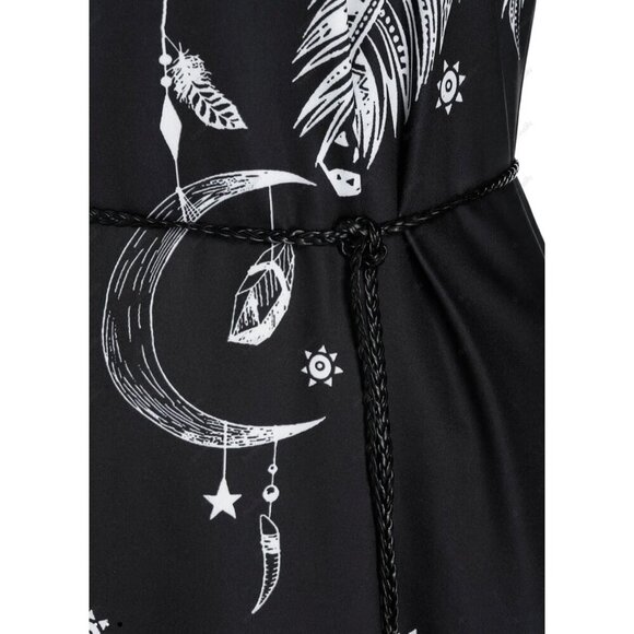 Vintage-Inspired Black Moon & Feather Print Dress Rope Belt And Pockets - Picture 4 of 8